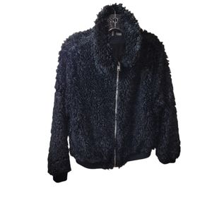 Divided By H&M Women's Black Furry Soft Fluffy Junior Size Med Zipup Coat Jacket